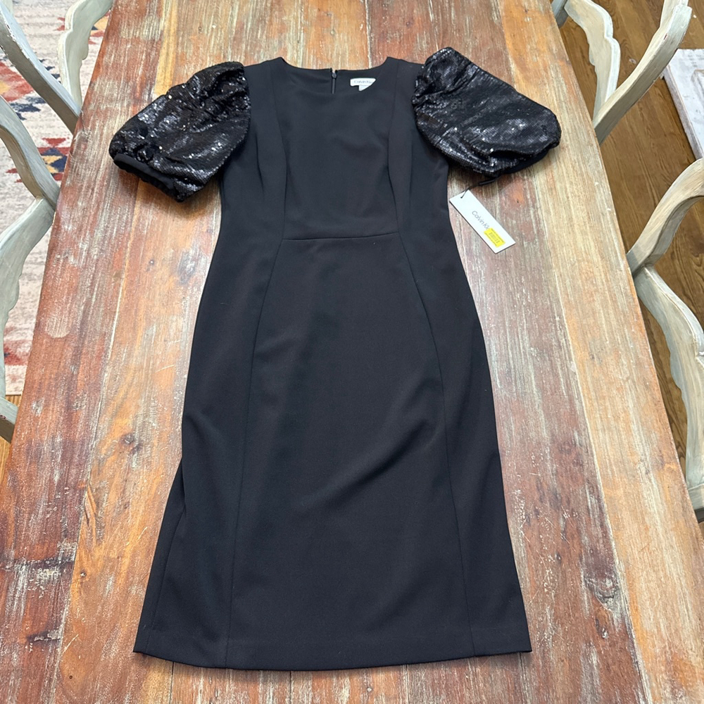 Calvin Klein Black Sequin Puff Sleeve Midi Dress Size 6 NWT